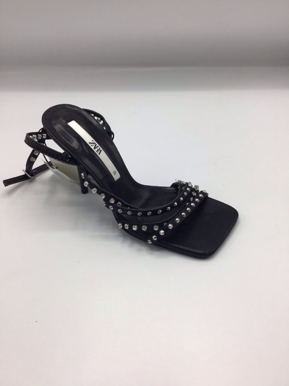 Zara Black Sexy Studded Embellished Stiletto Heels Open Square Toe Size 37